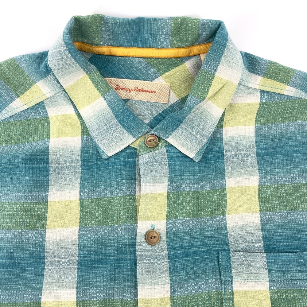 Tommy Bahama Mens‎ Large Silk Short Sleeve Button Up Shirt Teal Green Plaid